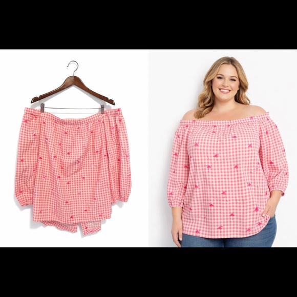 crown & ivy Tops - Crown & Ivy Pink Gingham Flamingo Off Shoulder Top XL